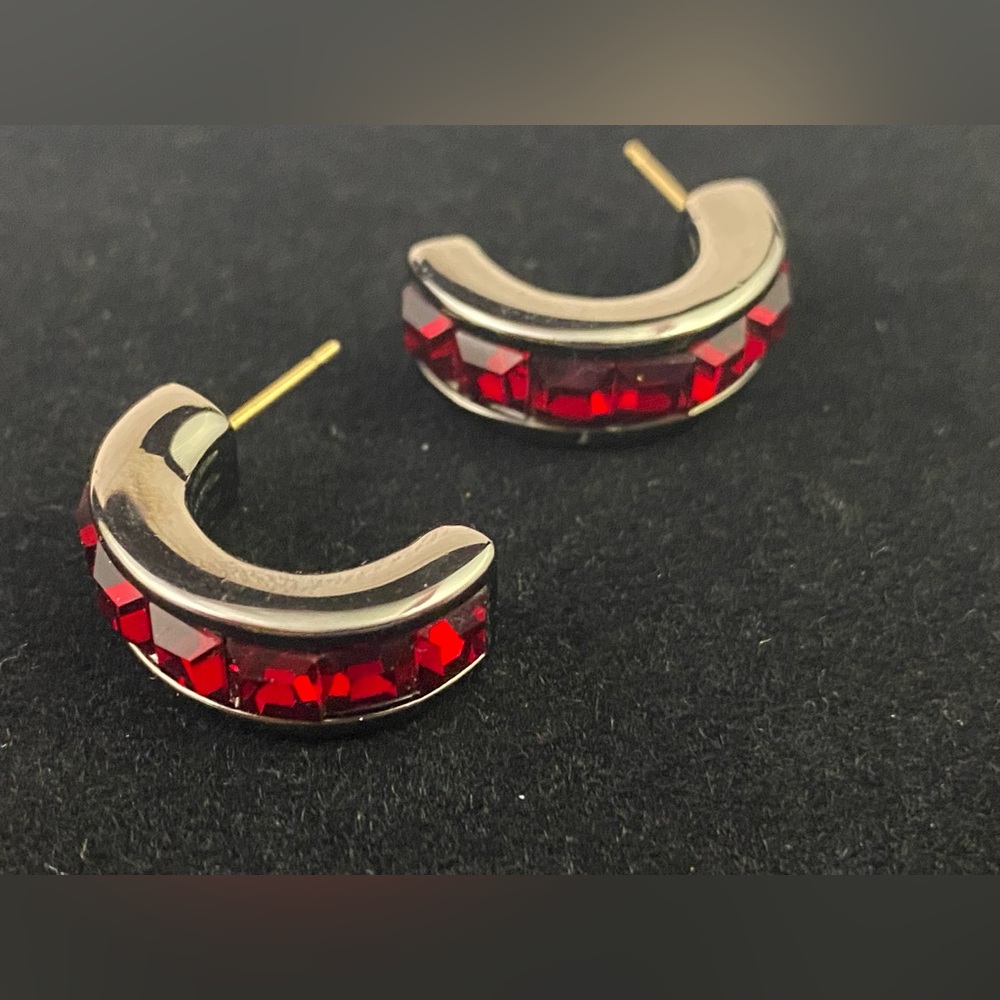 Vintage Swarovski Silver Tone Red Square Crystal Half Hoop Earrings
